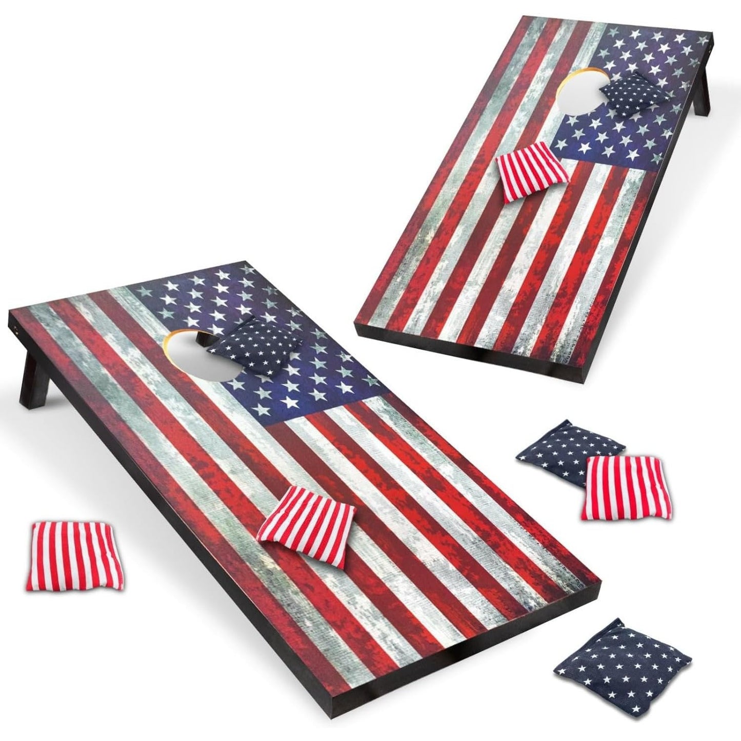 Cornhole Board Set -2 Wooden Regulation Size 4x2 Corn Hole Boards, Including 8 Bean Bags and Carrying Bag - - American Flag