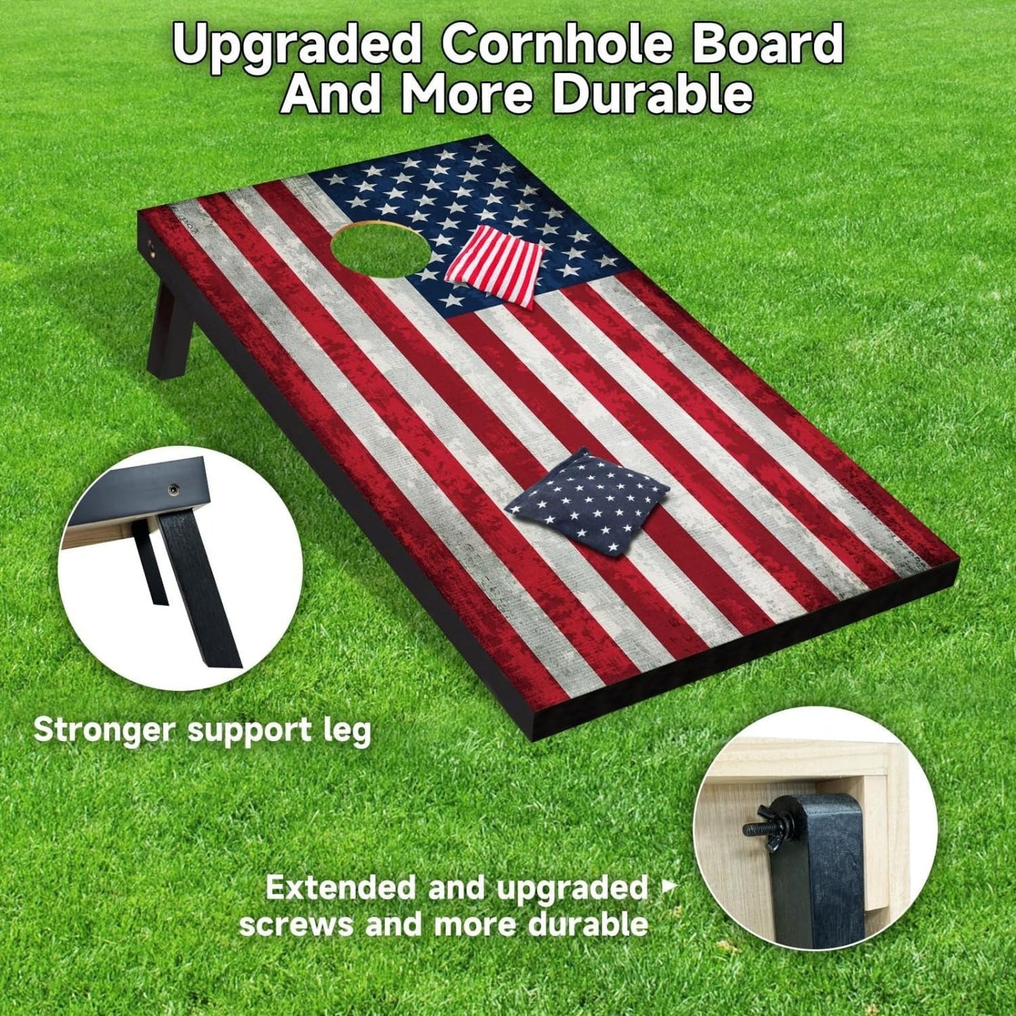 Cornhole Board Set -2 Wooden Regulation Size 4x2 Corn Hole Boards, Including 8 Bean Bags and Carrying Bag - - American Flag