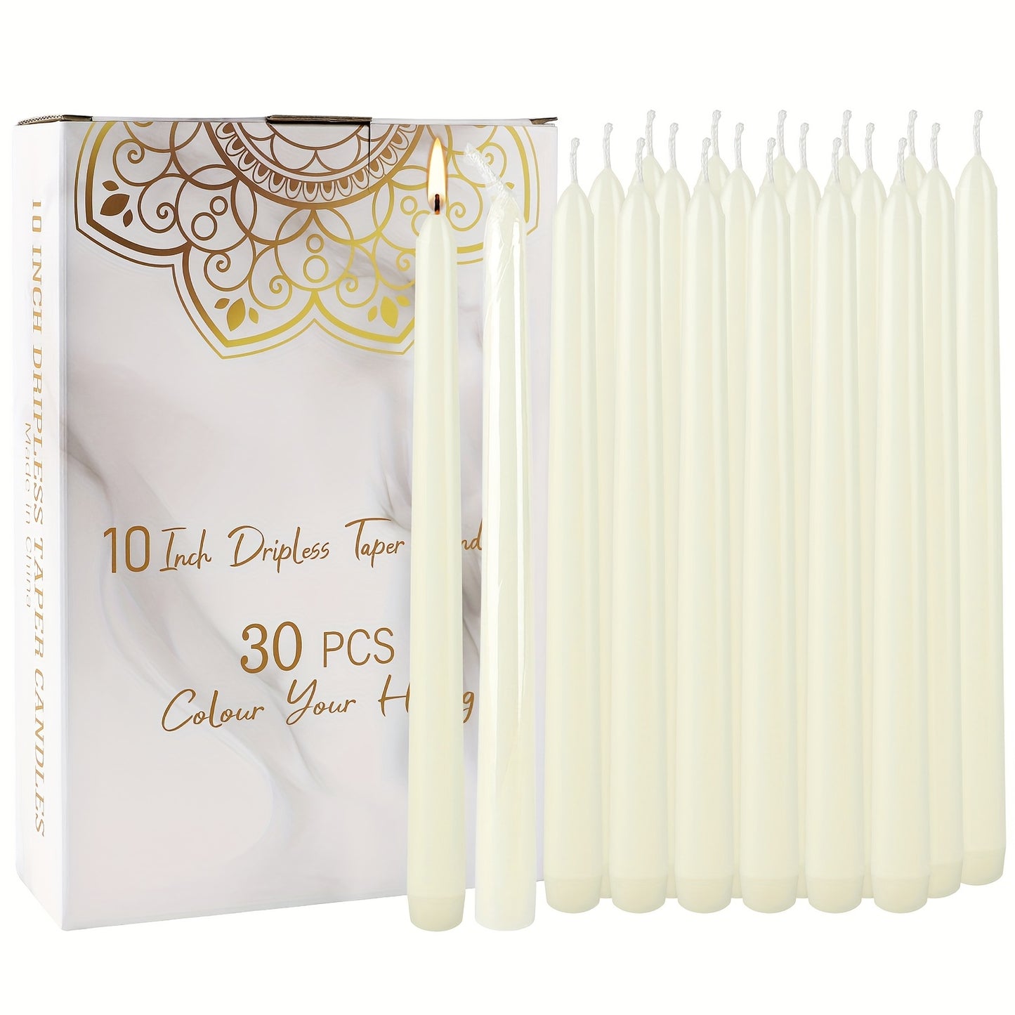 30pcs of 10-Inch Ivory White Taper Candles, Dripless, Smokeless, And Unscented,