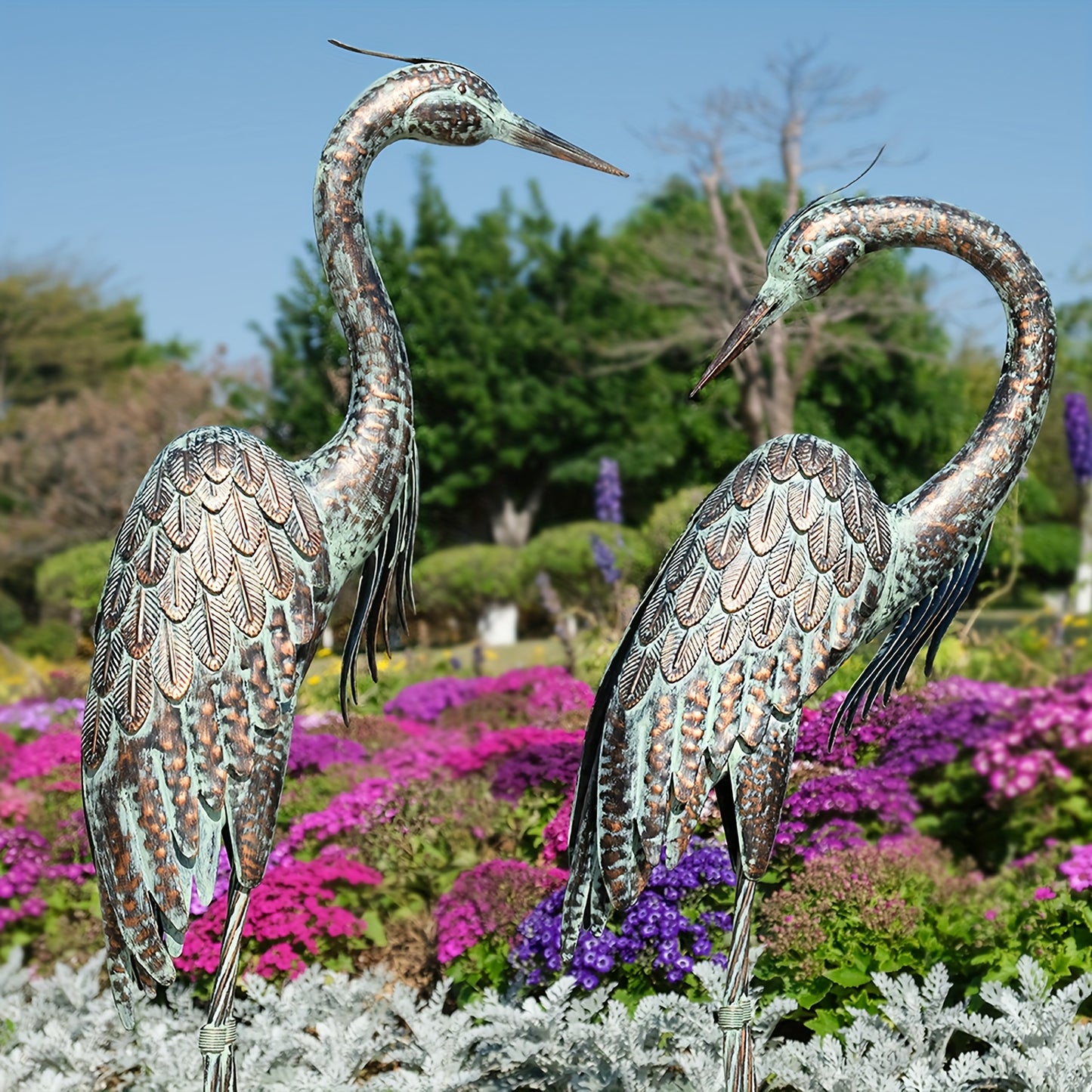 Set of 2 Heron Statues, Standing 42-46 Inches, Metal Patina