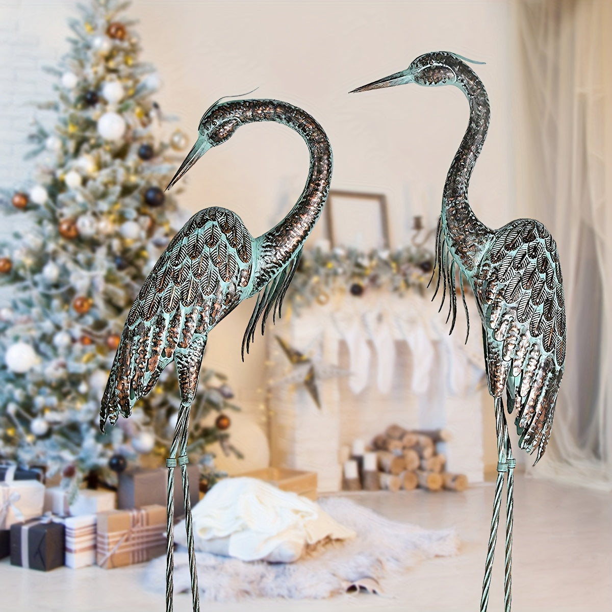 Set of 2 Heron Statues, Standing 42-46 Inches, Metal Patina