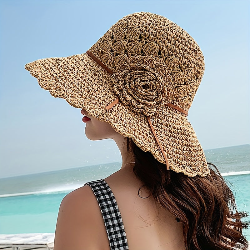 Flower Crochet Straw Bucket Hat