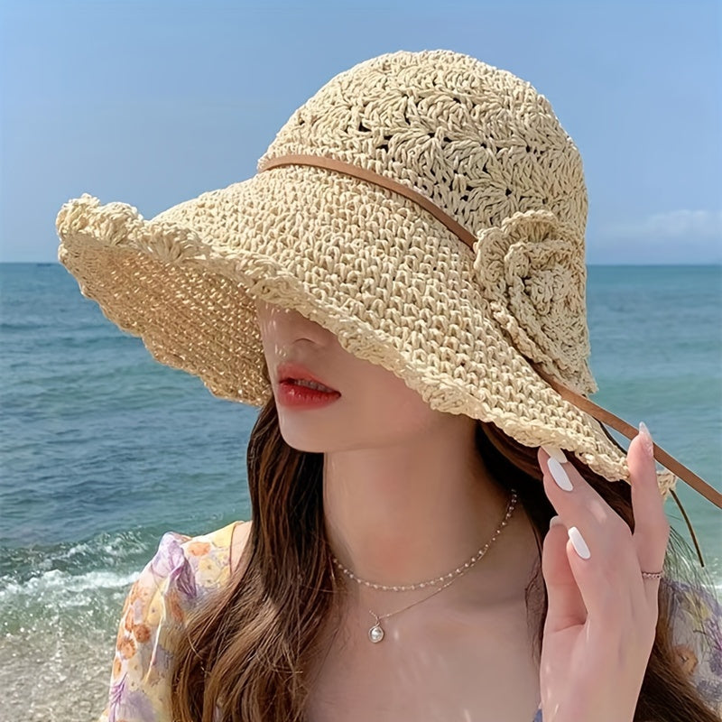 Flower Crochet Straw Bucket Hat