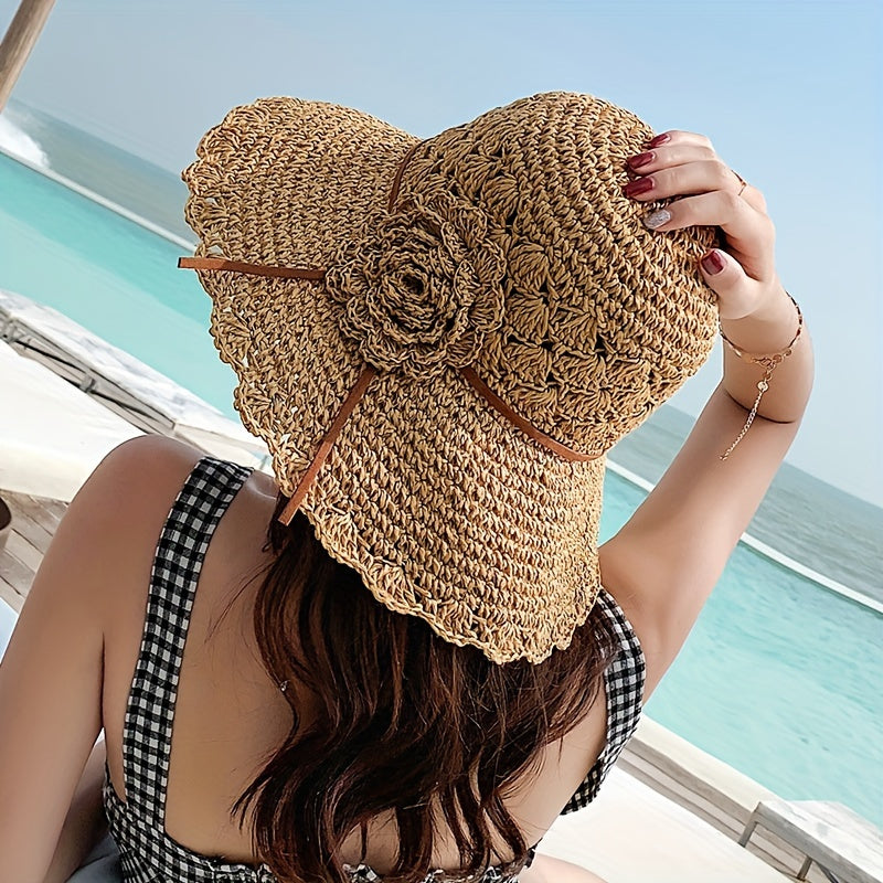 Flower Crochet Straw Bucket Hat