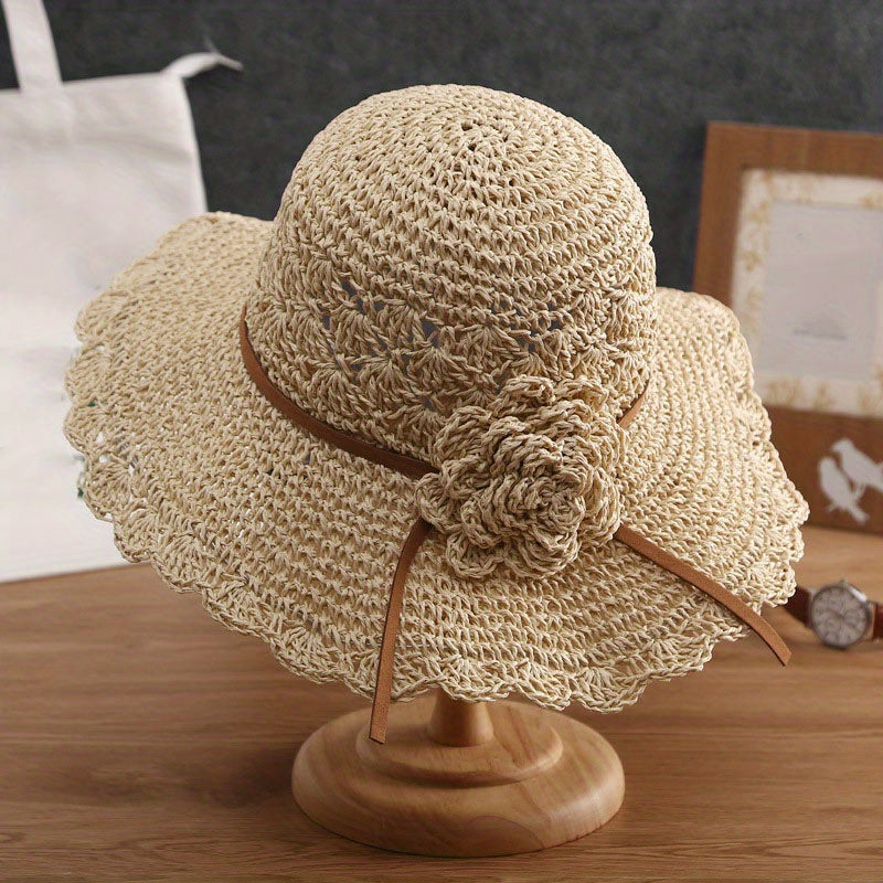 Flower Crochet Straw Bucket Hat