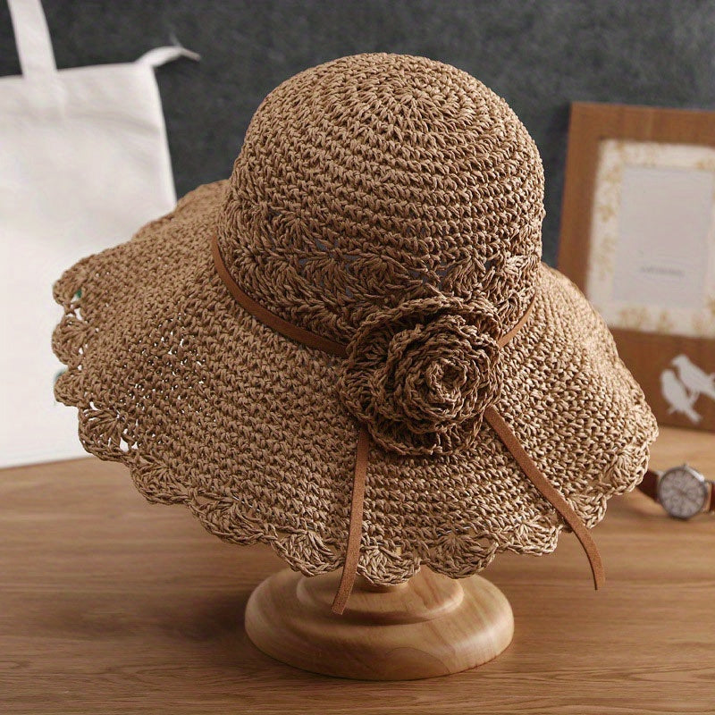 Flower Crochet Straw Bucket Hat