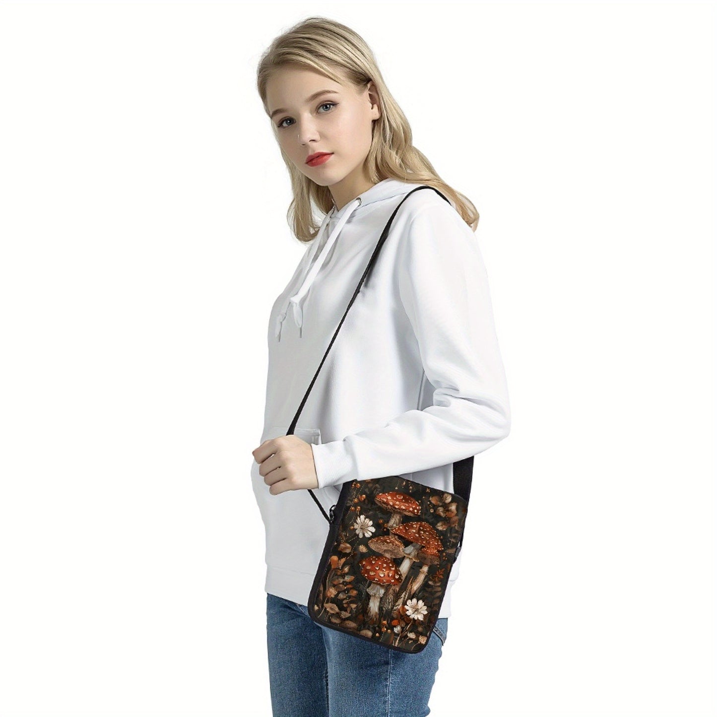 Crossbody Bag with Adjustable Strap Featuring Rustic Mushroom & Floral Design