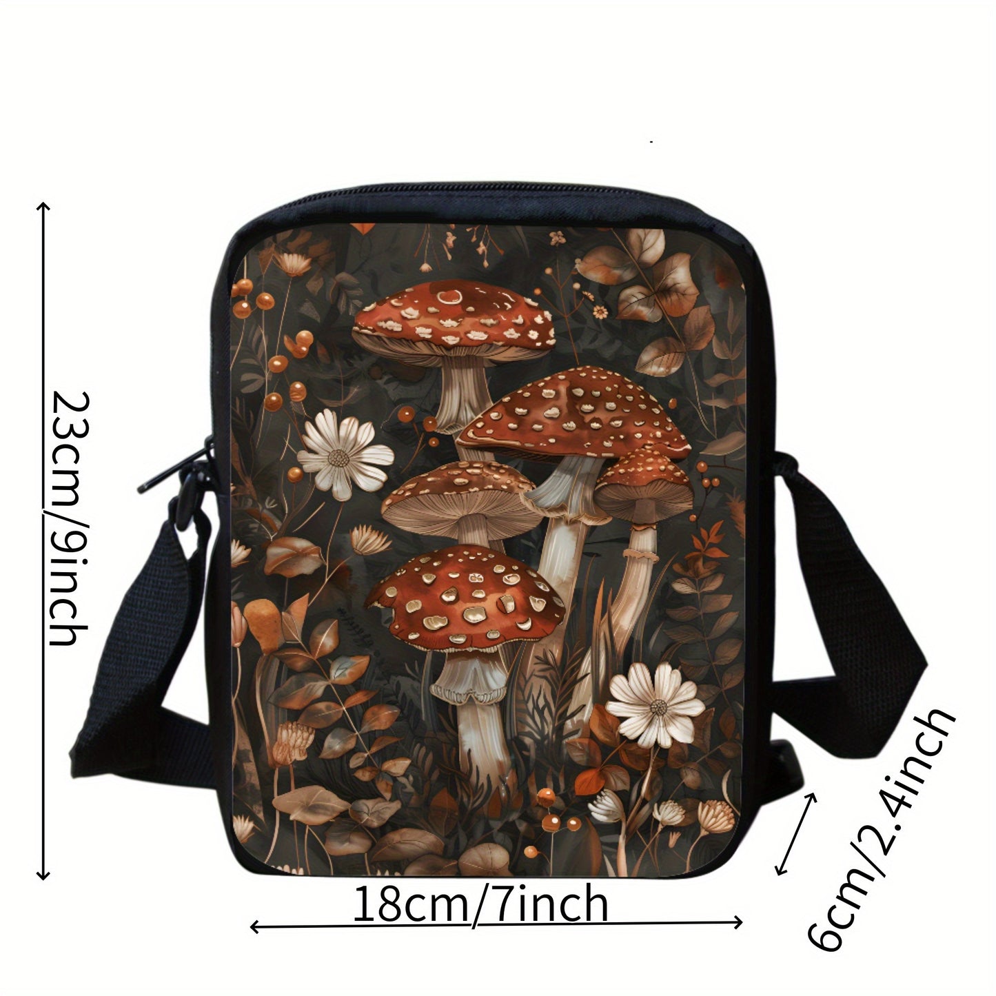 Crossbody Bag with Adjustable Strap Featuring Rustic Mushroom & Floral Design