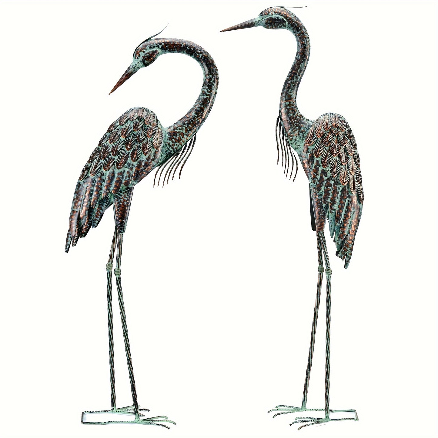 Set of 2 Heron Statues, Standing 42-46 Inches, Metal Patina