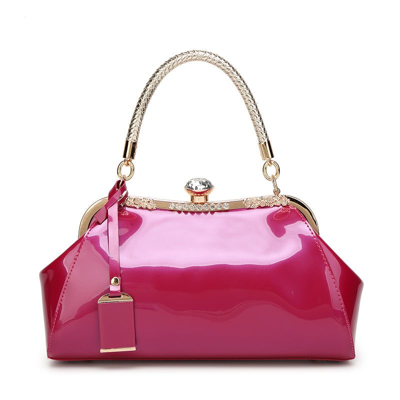 Patent Leather Handbag with Rhinestone Embellishments