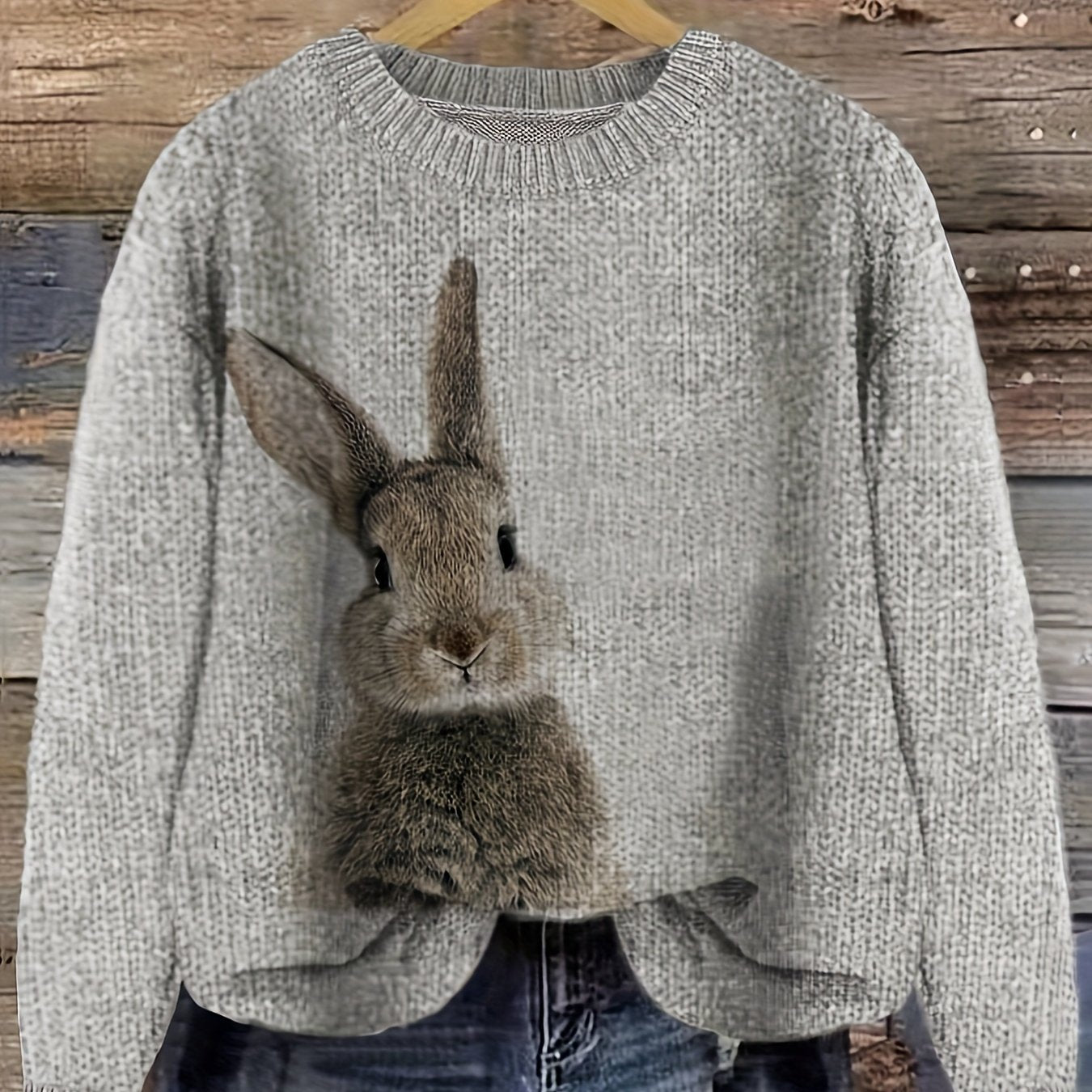 Pullover Sweater with Color Block Rabbit Print