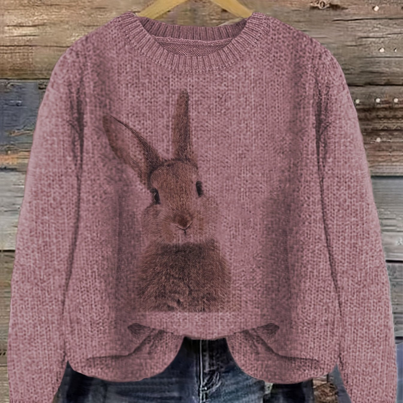 Pullover Sweater with Color Block Rabbit Print