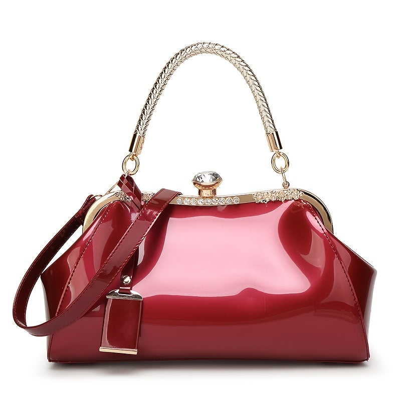 Patent Leather Handbag with Rhinestone Embellishments