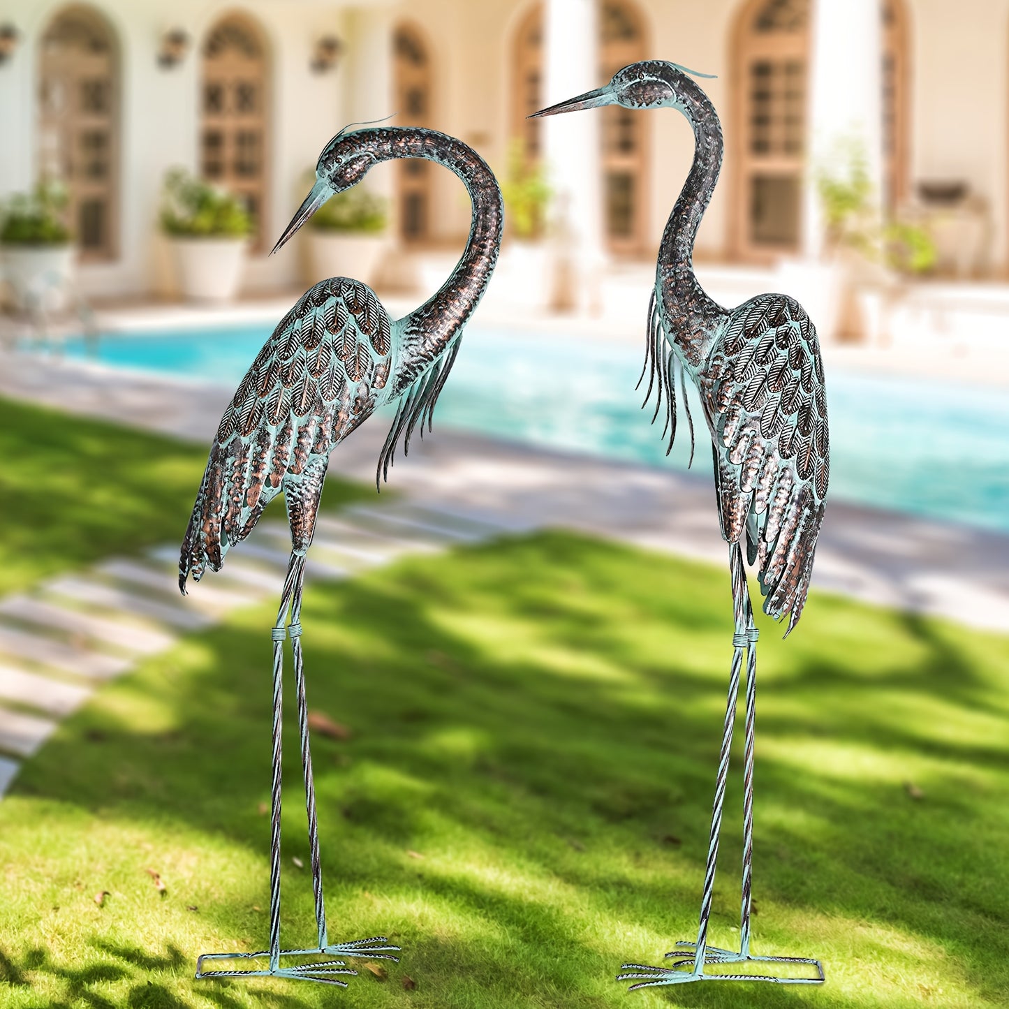 Set of 2 Heron Statues, Standing 42-46 Inches, Metal Patina