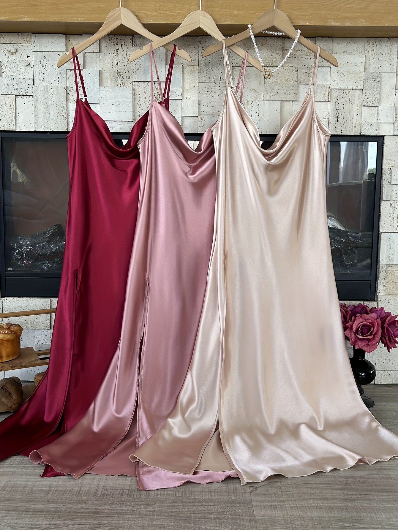 Valentine's Day 3pcs Elegant Satin Slip Nightgowns