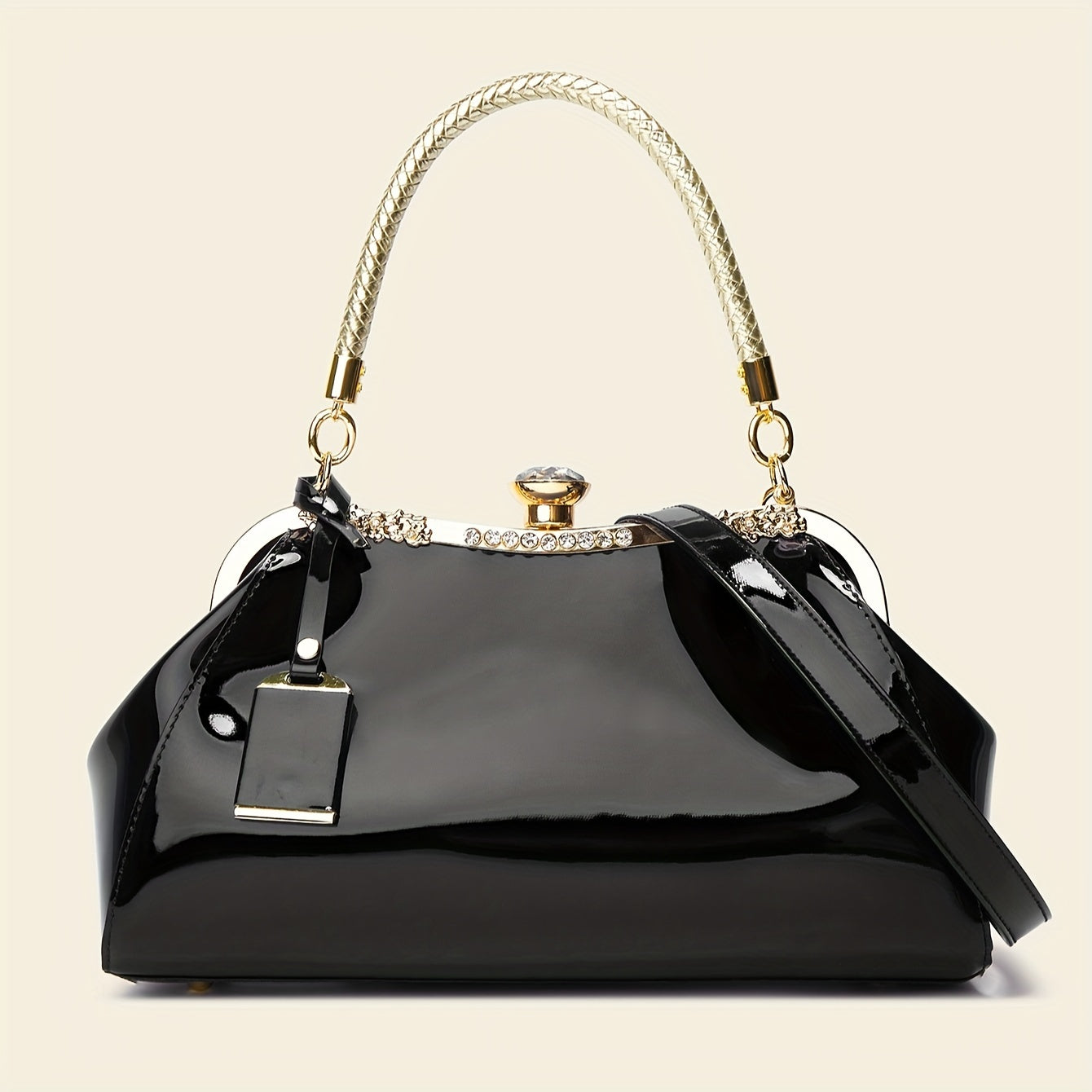 Patent Leather Handbag with Rhinestone Embellishments