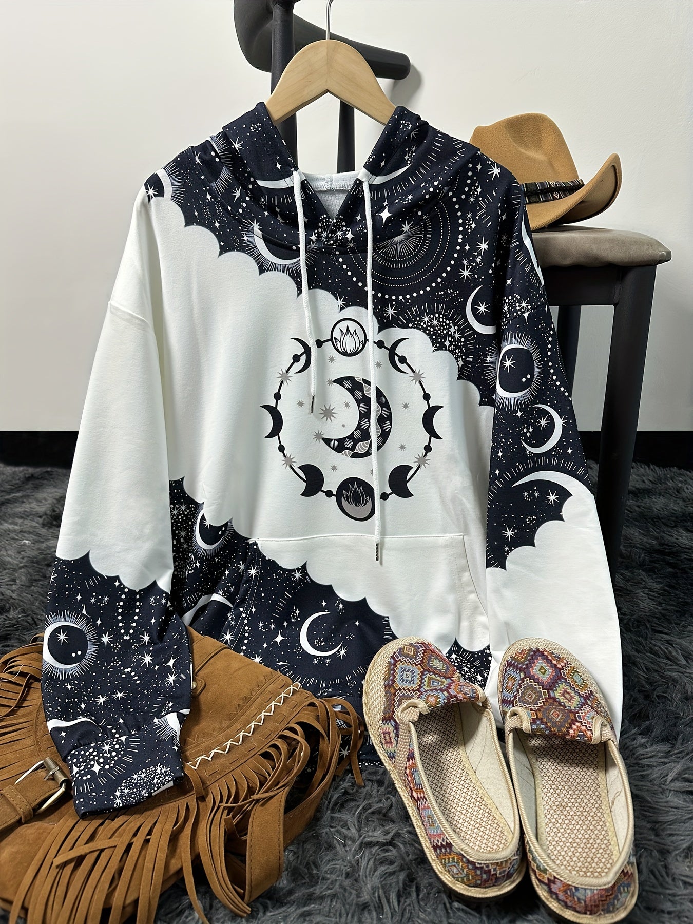 Vintage Moon Print Hoodie