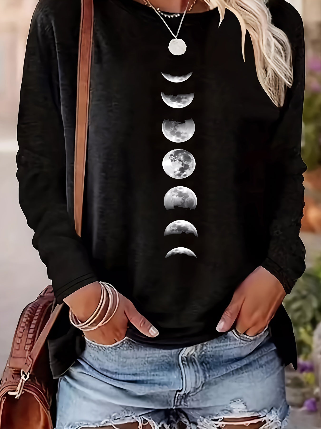 Moon Phase Print Crew Neck Long Sleeve T-Shirt