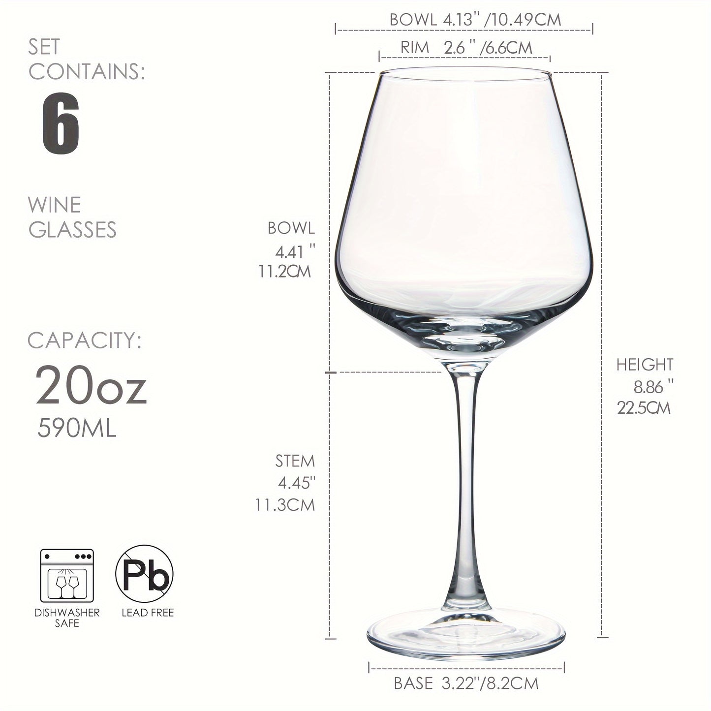 6pcs Wine Glasses, 20oz Large Clear Wine Glasses for Red Wine, Dishwasher Safe