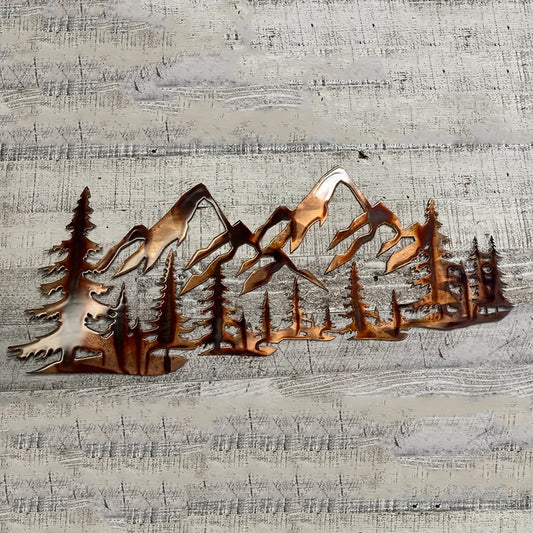 Tree & Mountain Scene Rustic Metal Wall Art