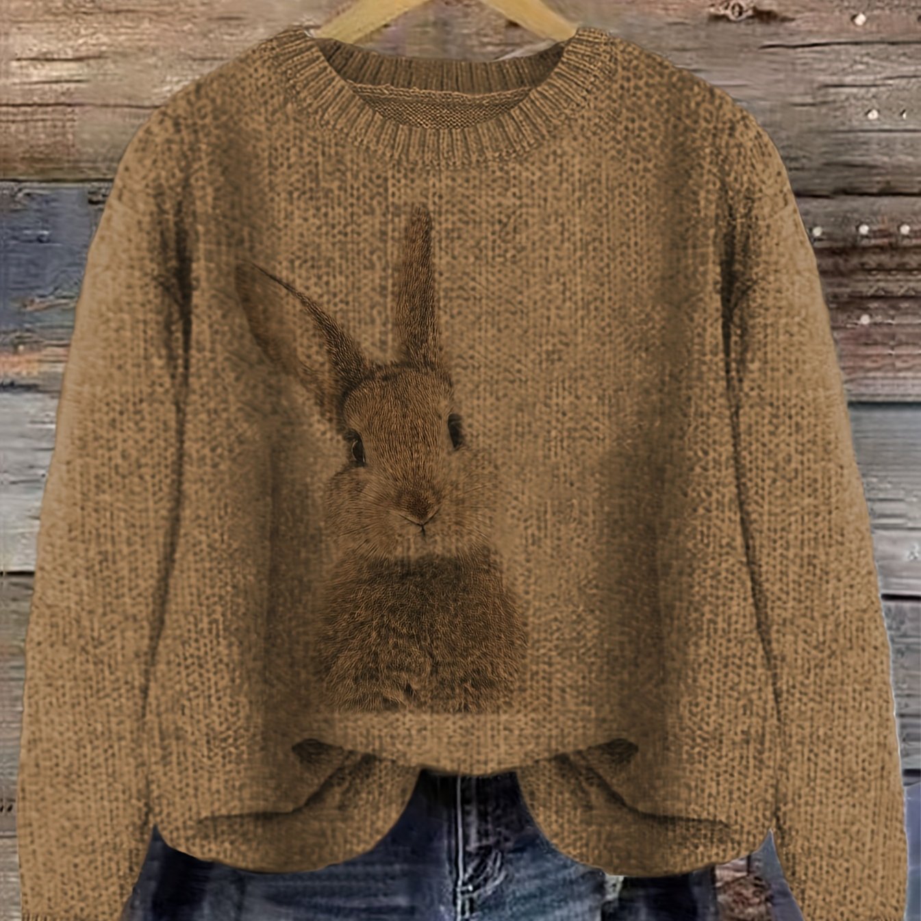 Pullover Sweater with Color Block Rabbit Print