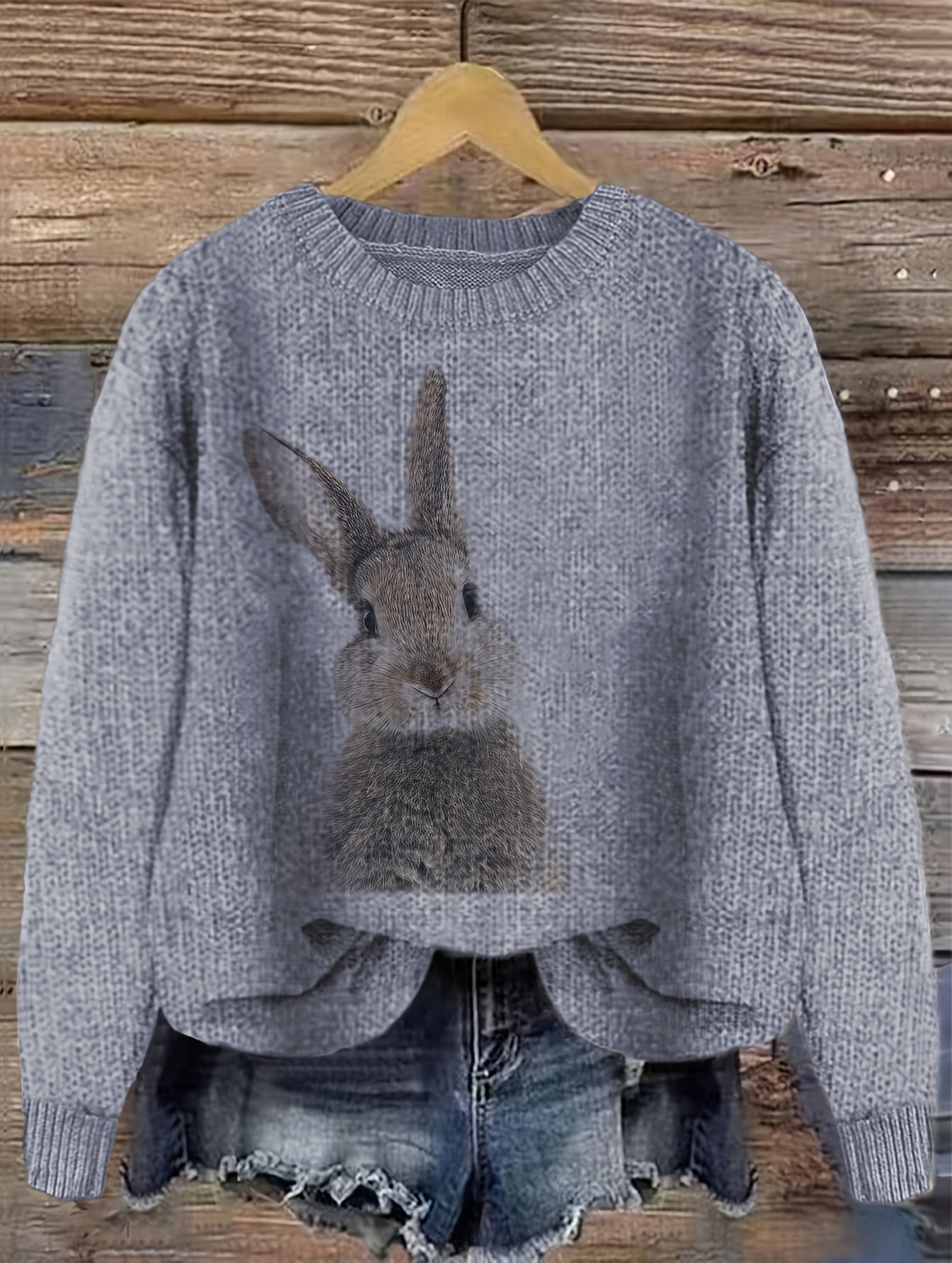 Pullover Sweater with Color Block Rabbit Print