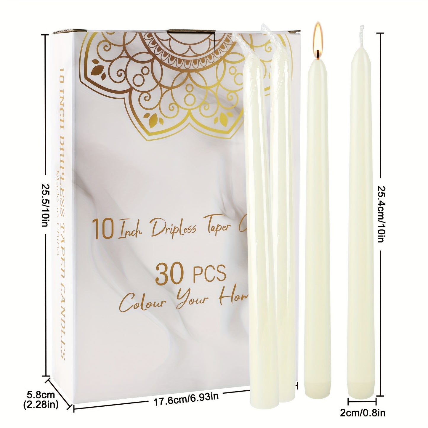 30pcs of 10-Inch Ivory White Taper Candles, Dripless, Smokeless, And Unscented,