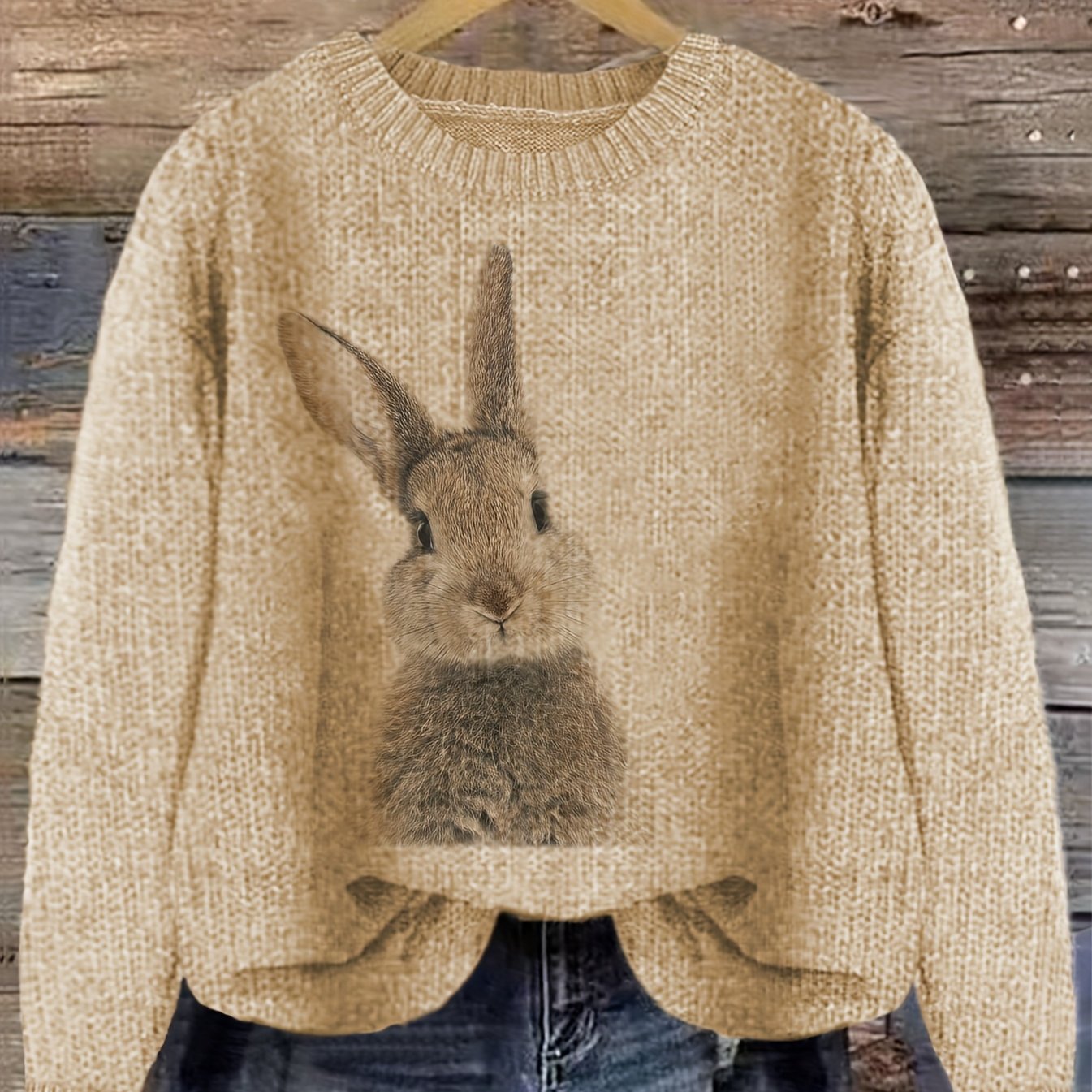 Pullover Sweater with Color Block Rabbit Print