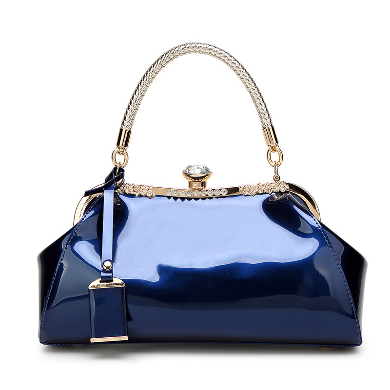 Patent Leather Handbag with Rhinestone Embellishments