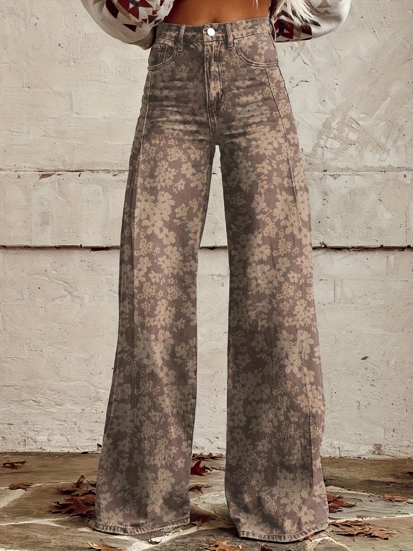 Daisy Flower Printed Thin Imitation Denim Wide Leg Pants