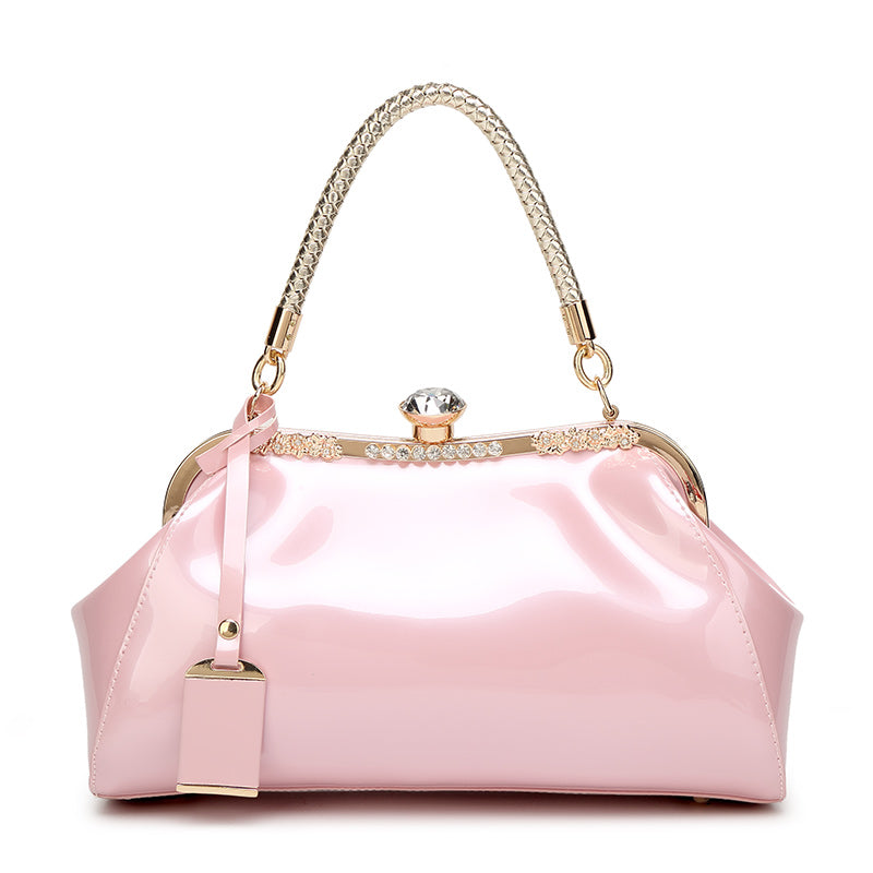 Patent Leather Handbag with Rhinestone Embellishments