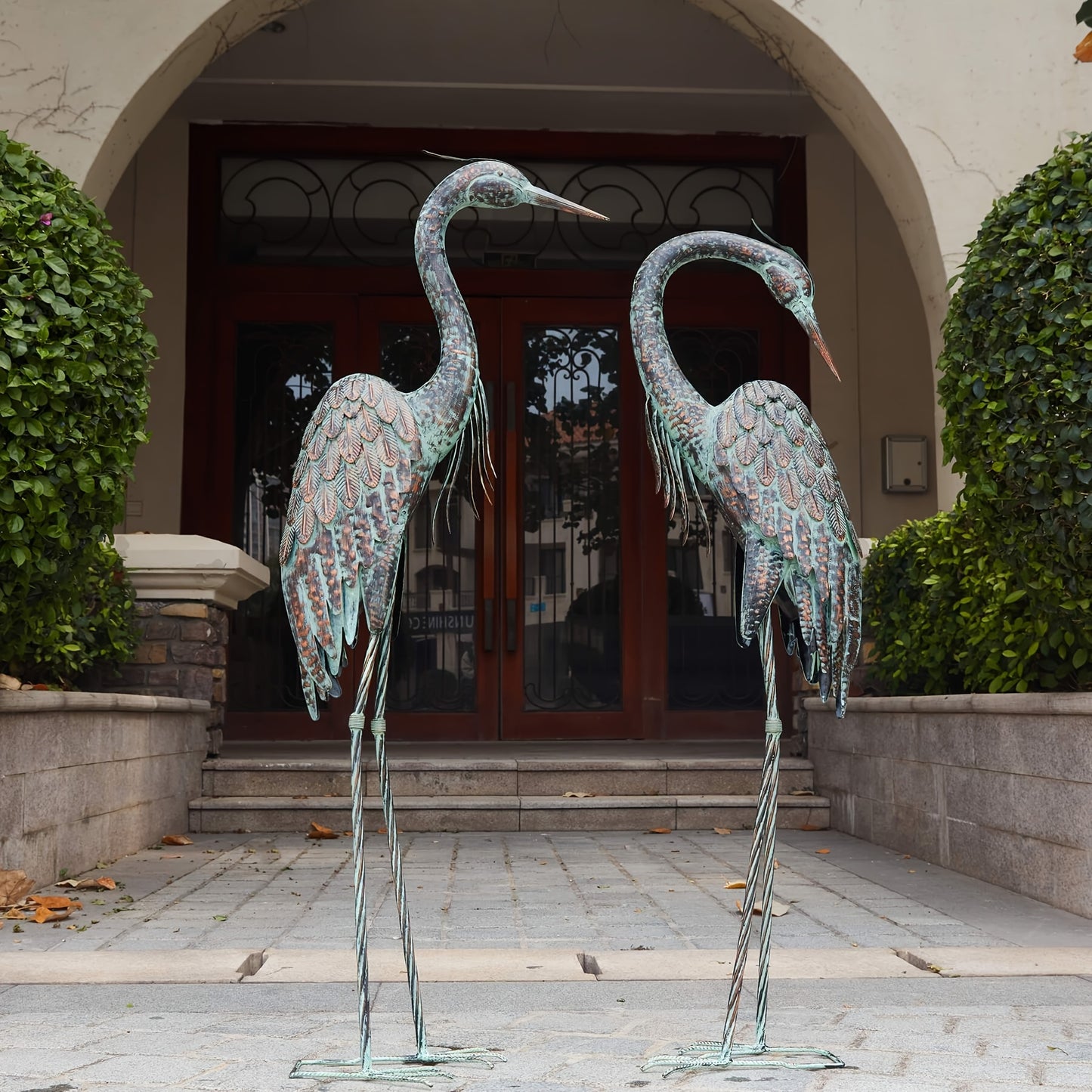 Set of 2 Heron Statues, Standing 42-46 Inches, Metal Patina