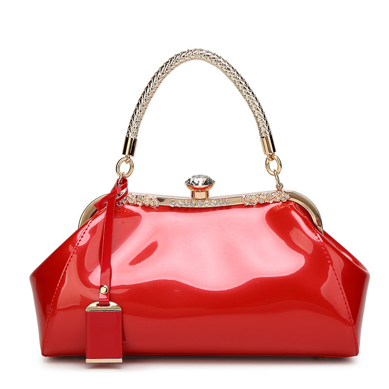 Patent Leather Handbag with Rhinestone Embellishments