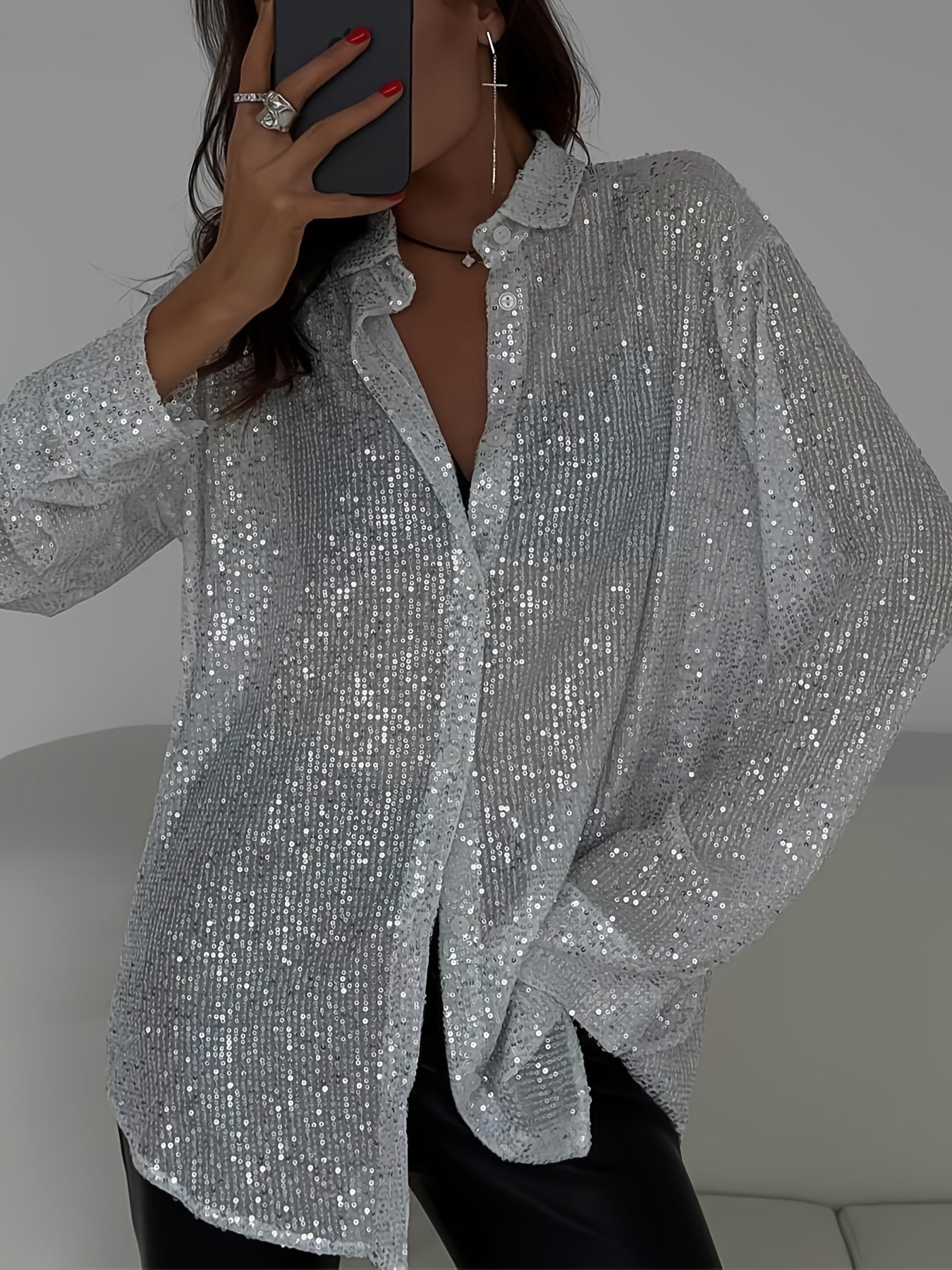 Sequins Long Sleeve Collared Shirt