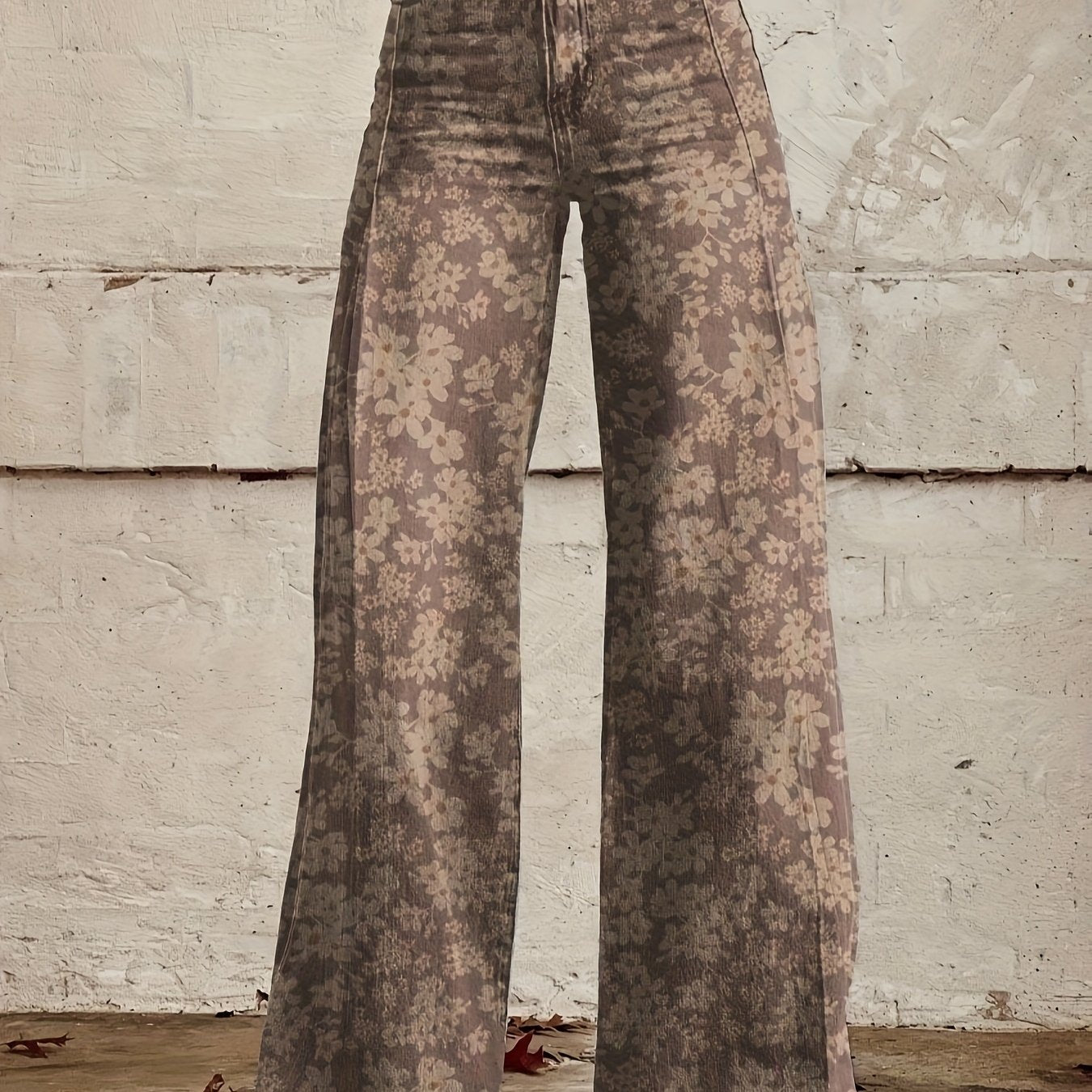 Daisy Flower Printed Thin Imitation Denim Wide Leg Pants