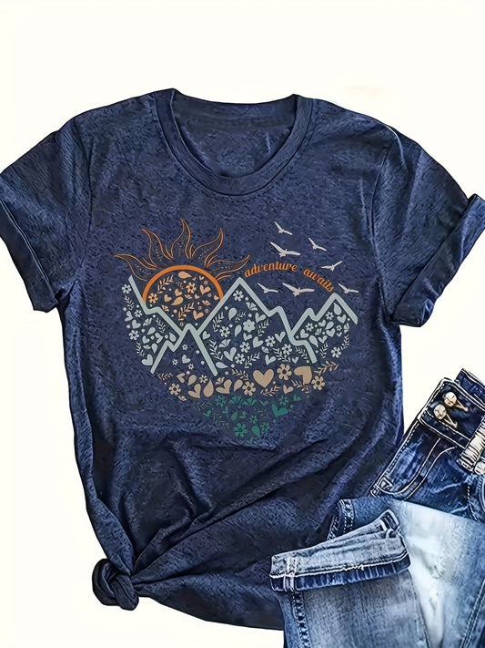 Hiking, Mountains, Sunrise - Printed Round Neck T-shirt