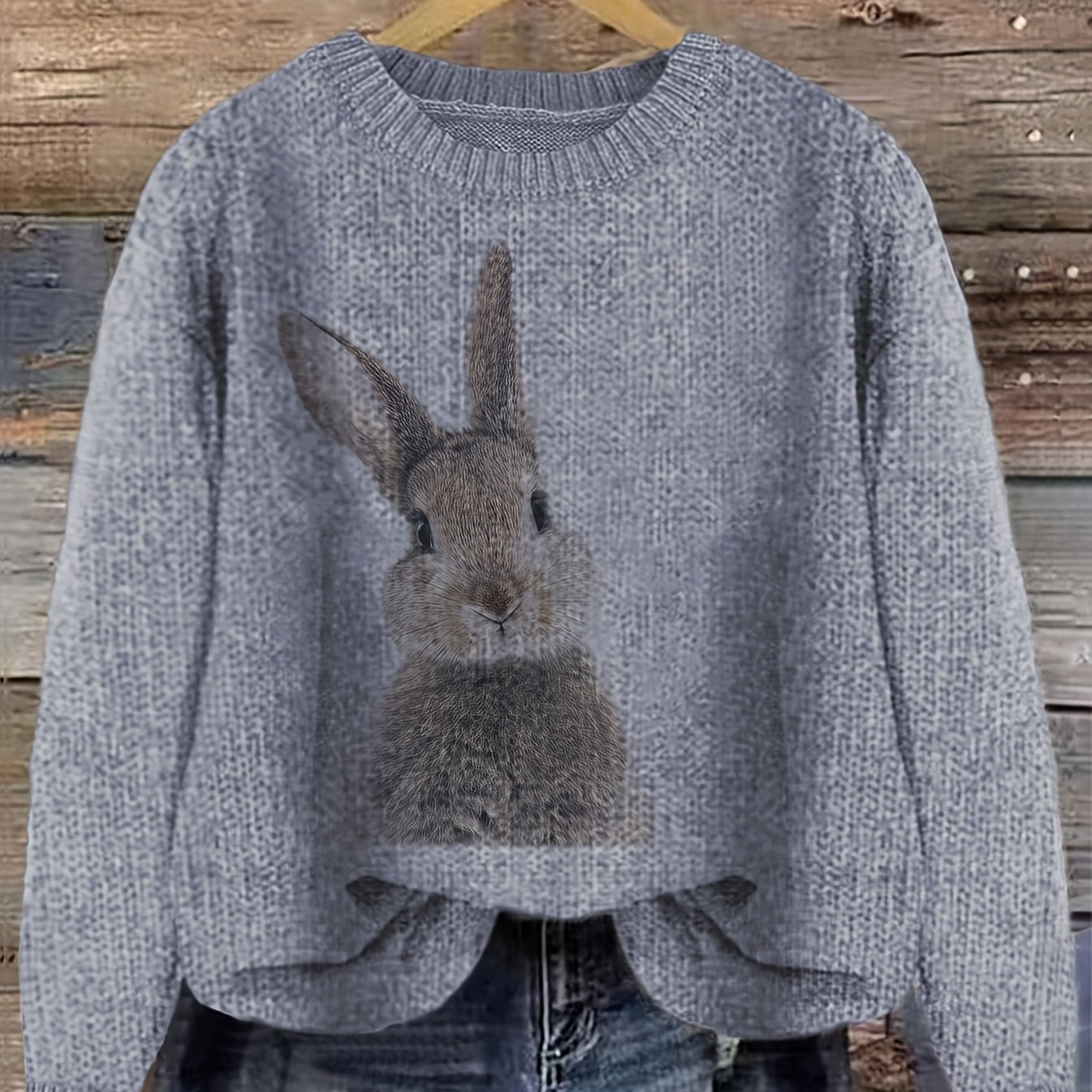 Pullover Sweater with Color Block Rabbit Print