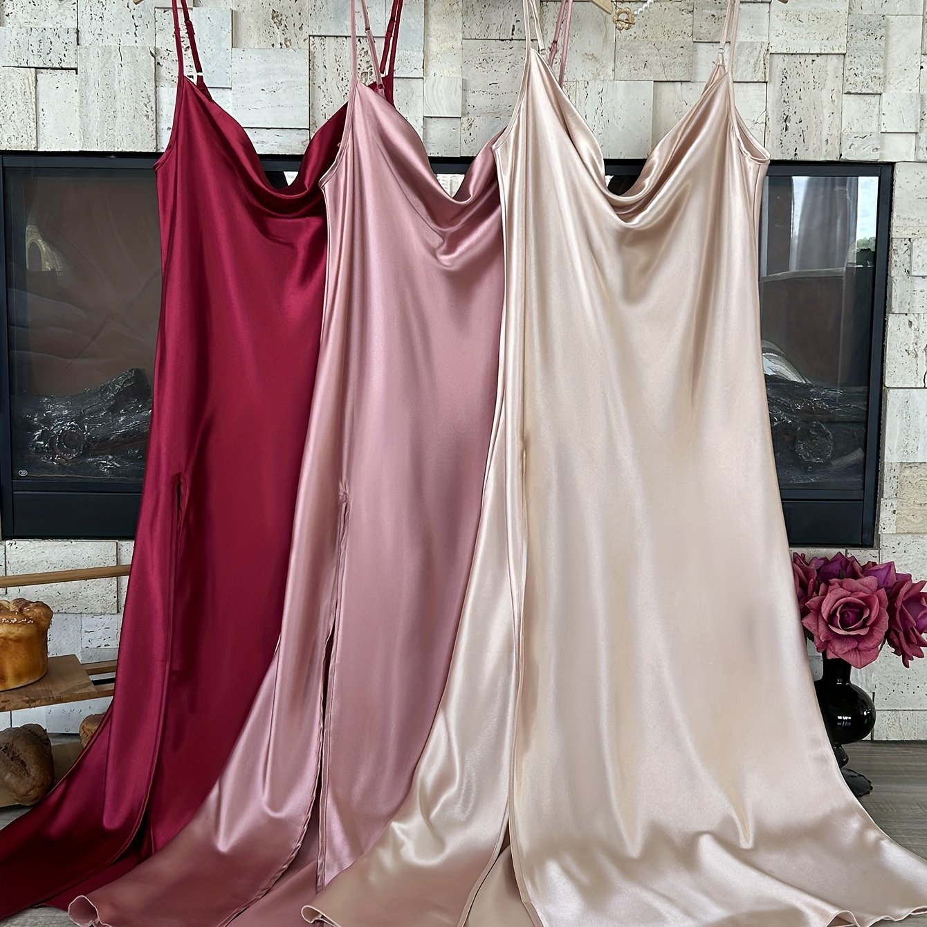 Valentine's Day 3pcs Elegant Satin Slip Nightgowns