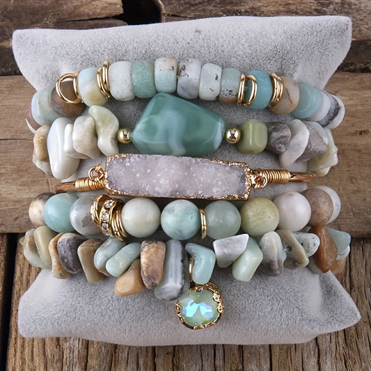 Boho-Chic 5pcs Stretch Bracelet Set - Multicolor Natural Stone & Glass Beads