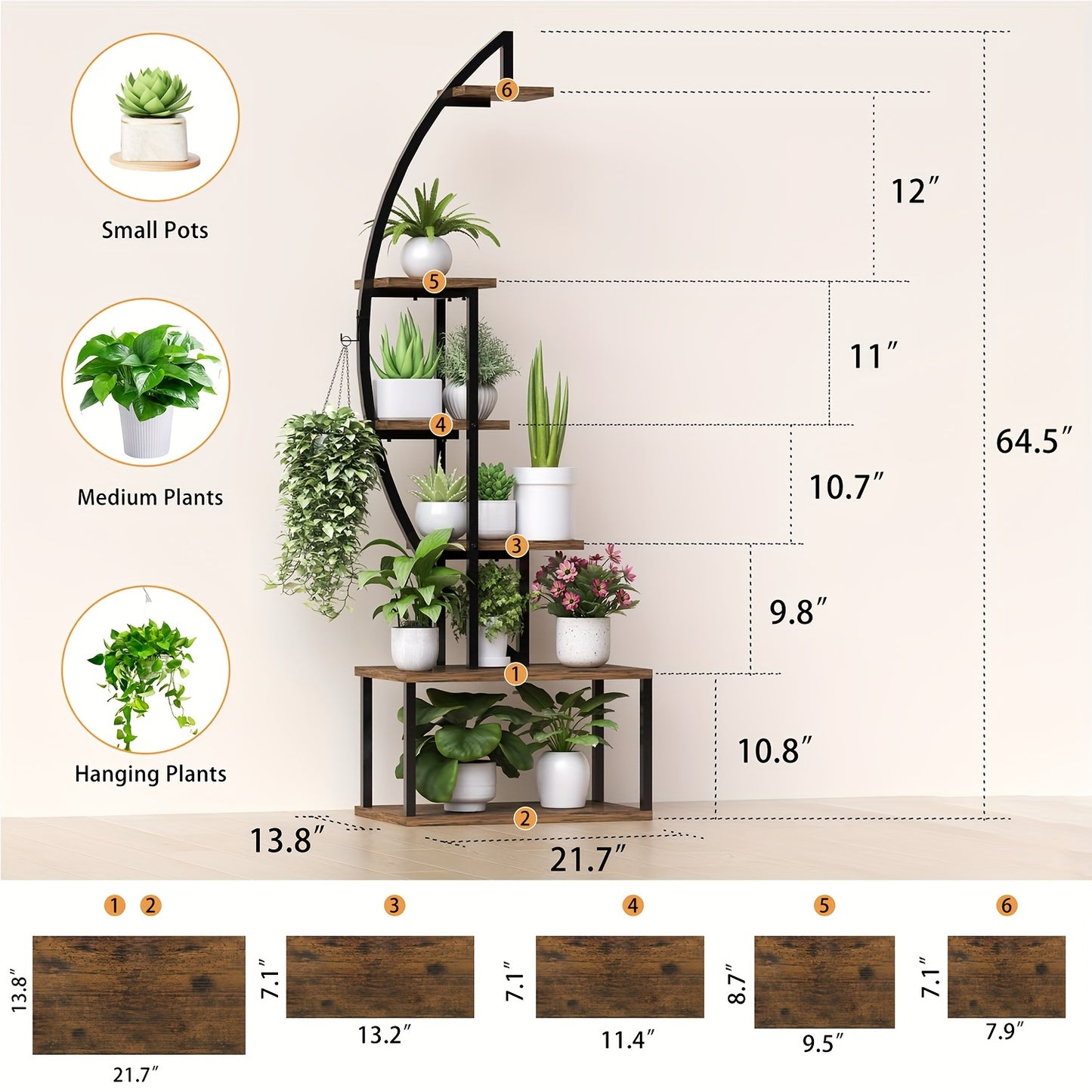 64.5" Tall  Plant Stand with Grow Lights & Multi-Tiered Metal Shelf