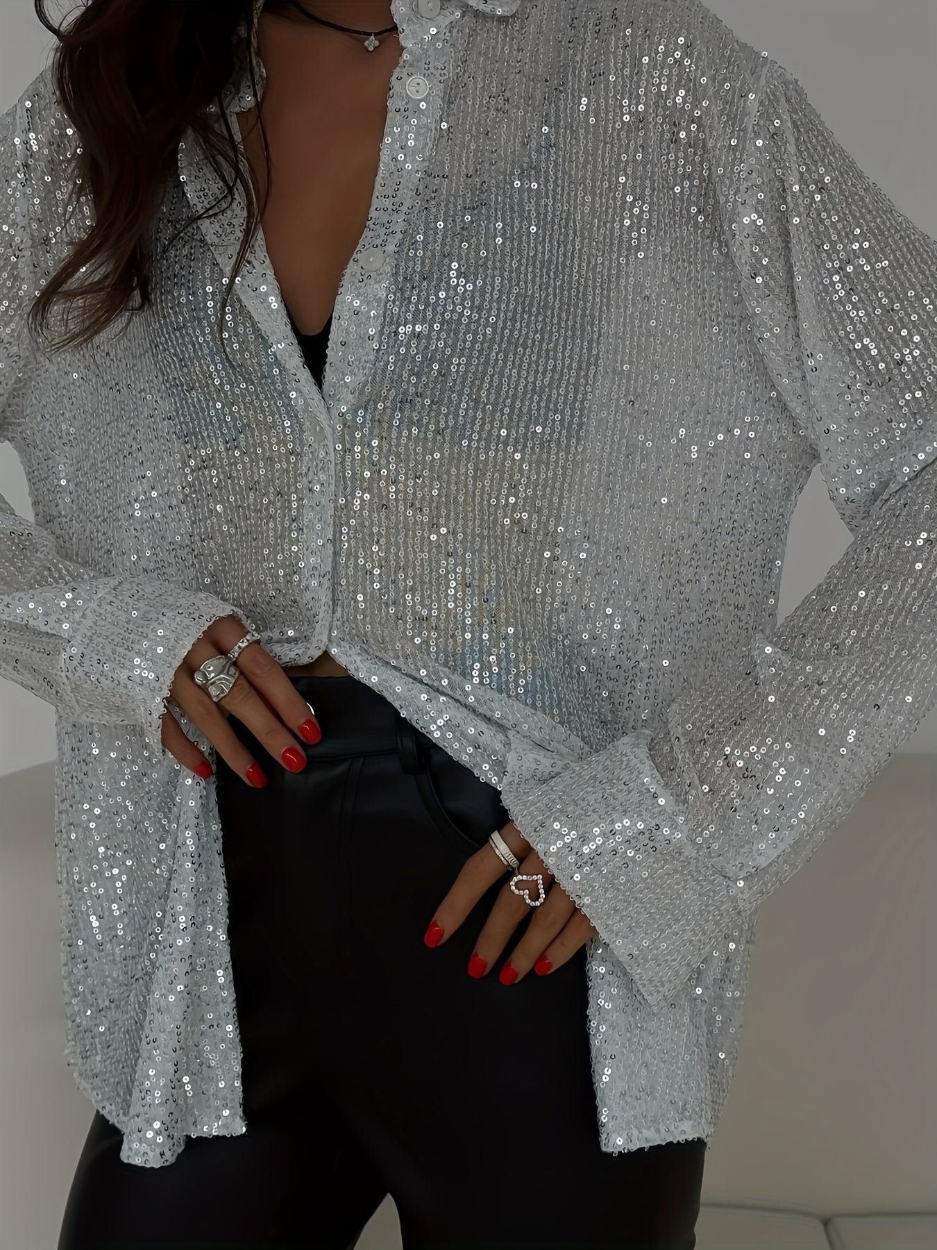 Sequins Long Sleeve Collared Shirt