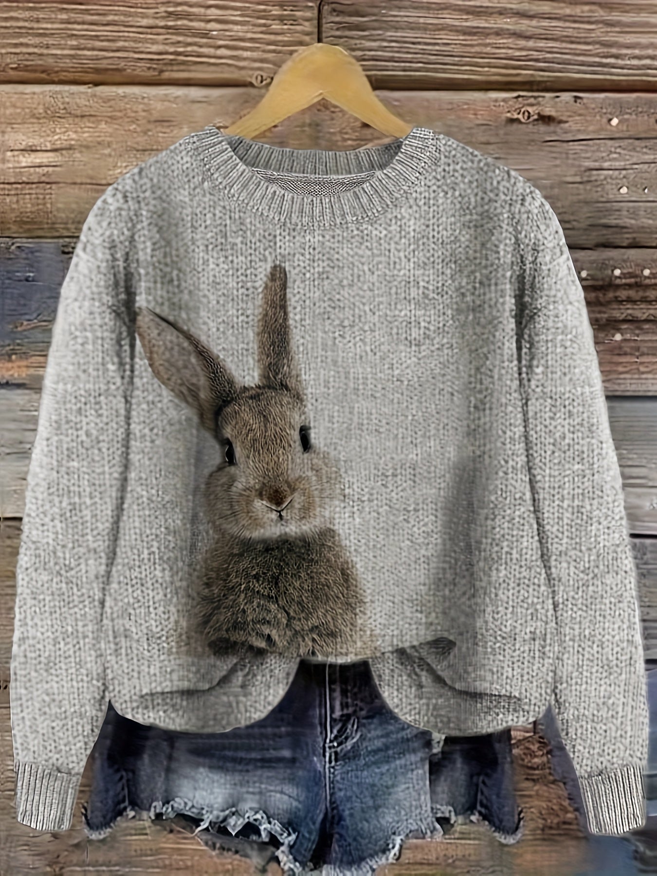 Pullover Sweater with Color Block Rabbit Print