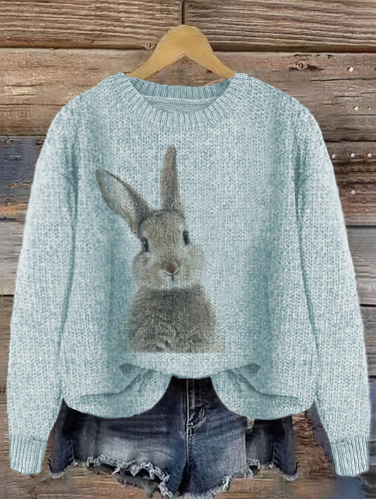 Pullover Sweater with Color Block Rabbit Print