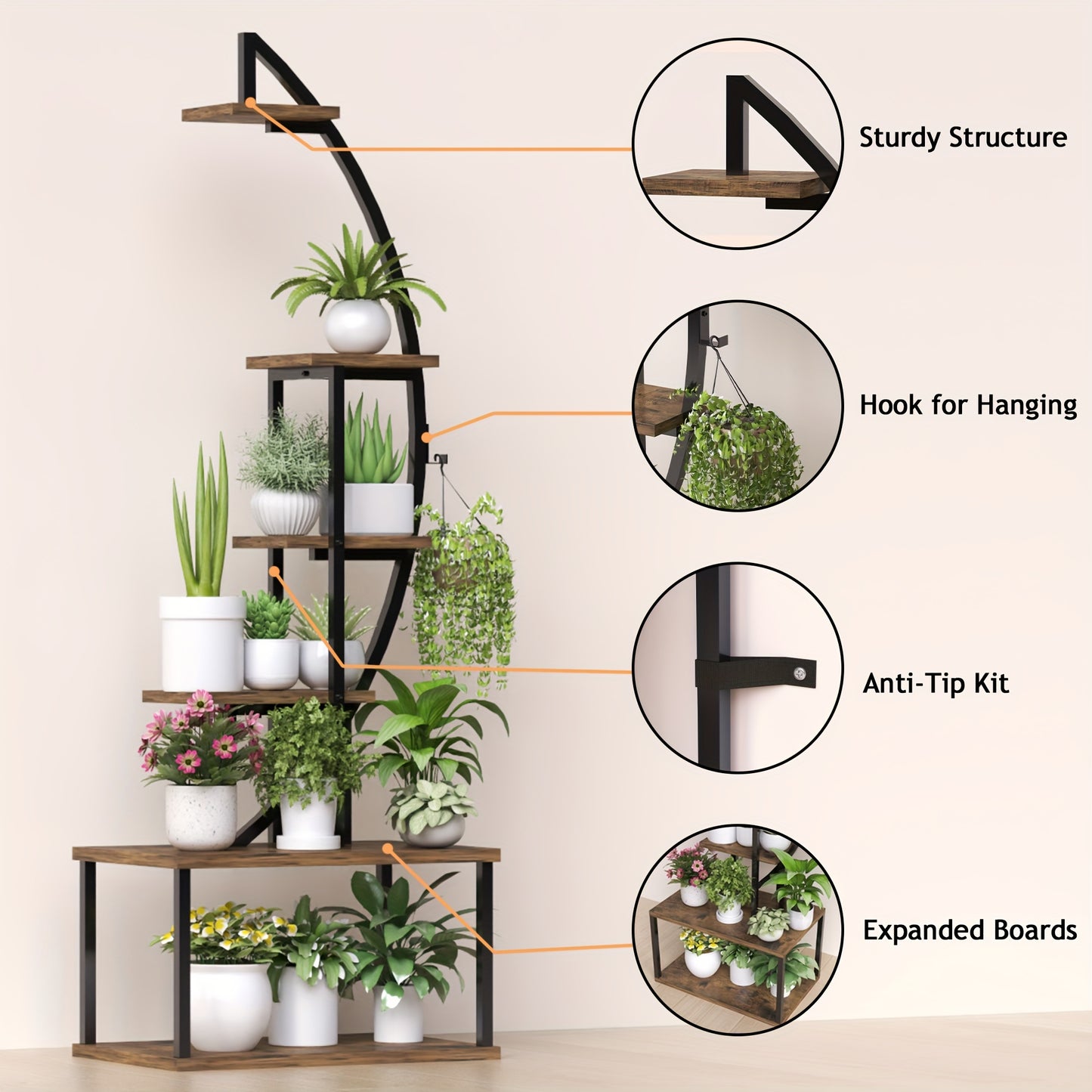 64.5" Tall  Plant Stand with Grow Lights & Multi-Tiered Metal Shelf